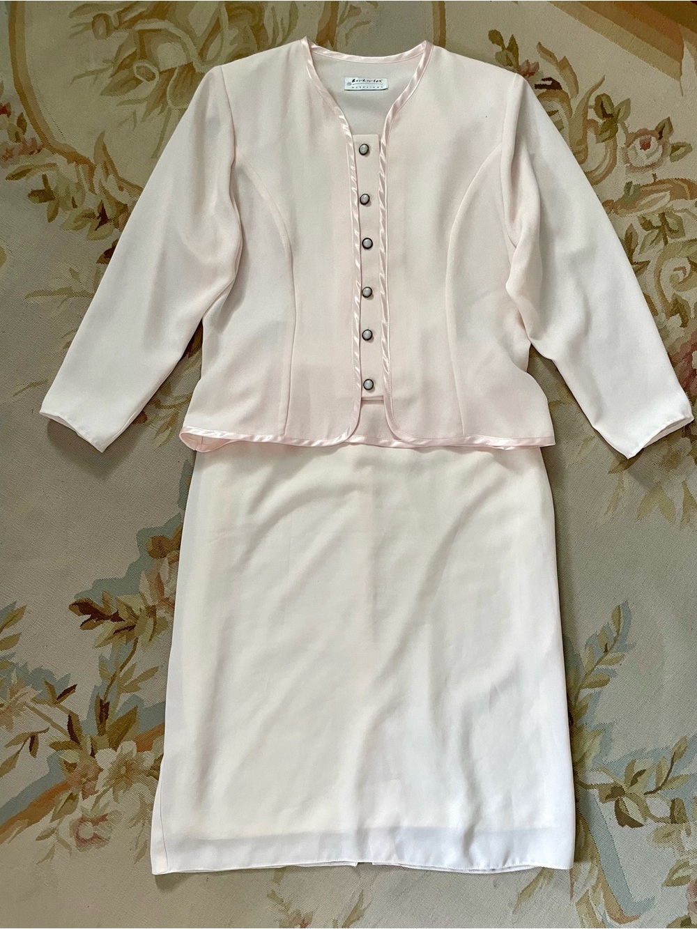 Two-Piece Light Pink Satin-Trim Skirt Suit